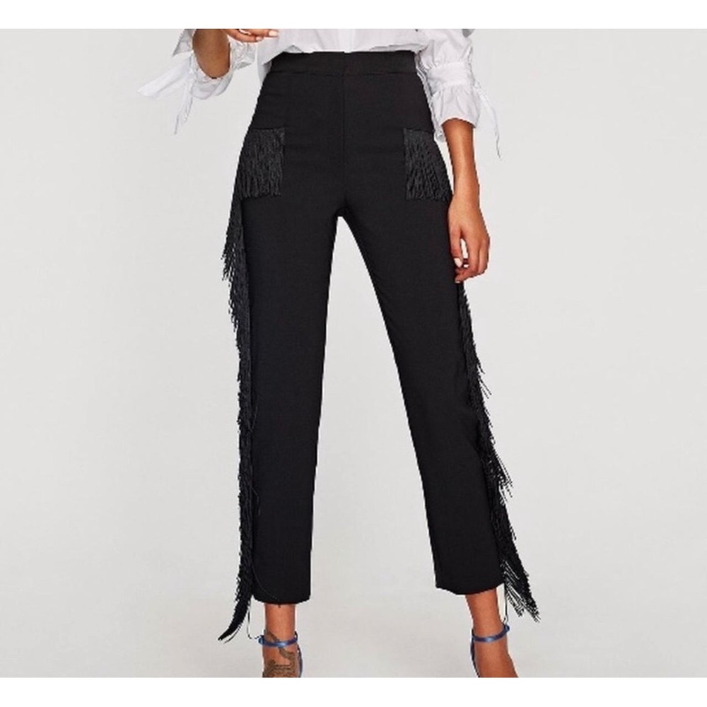 Zara Basic Fringe Trim Trousers Women L Black Excellent Side Tassel Straight Leg